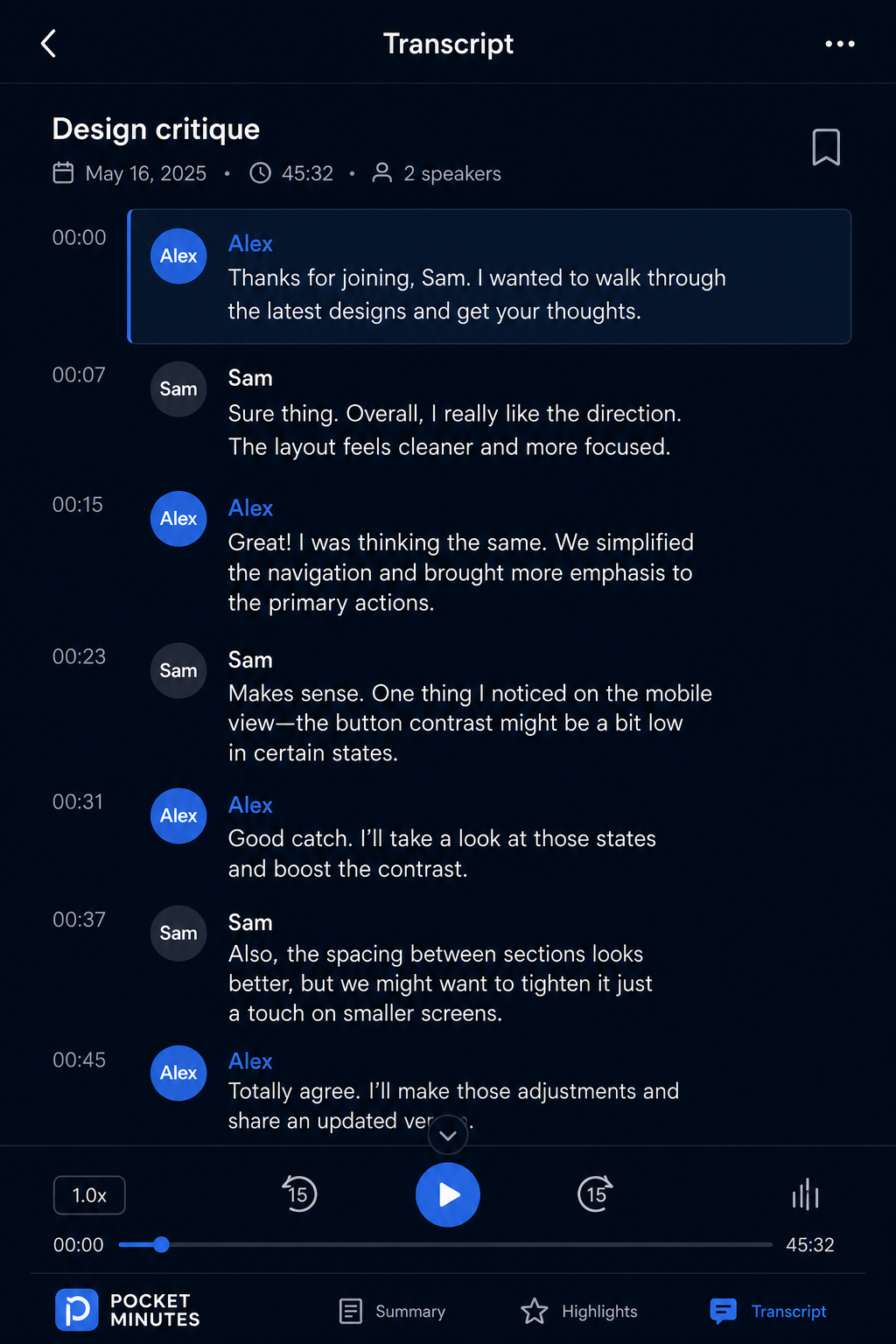 Pocket Minutes transcript screen